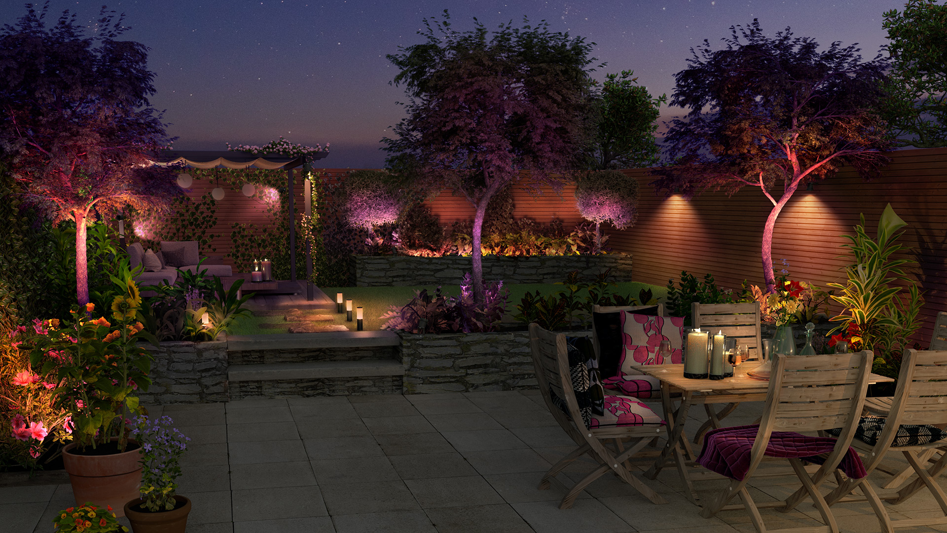 Outdoor smart lighting garden party setting