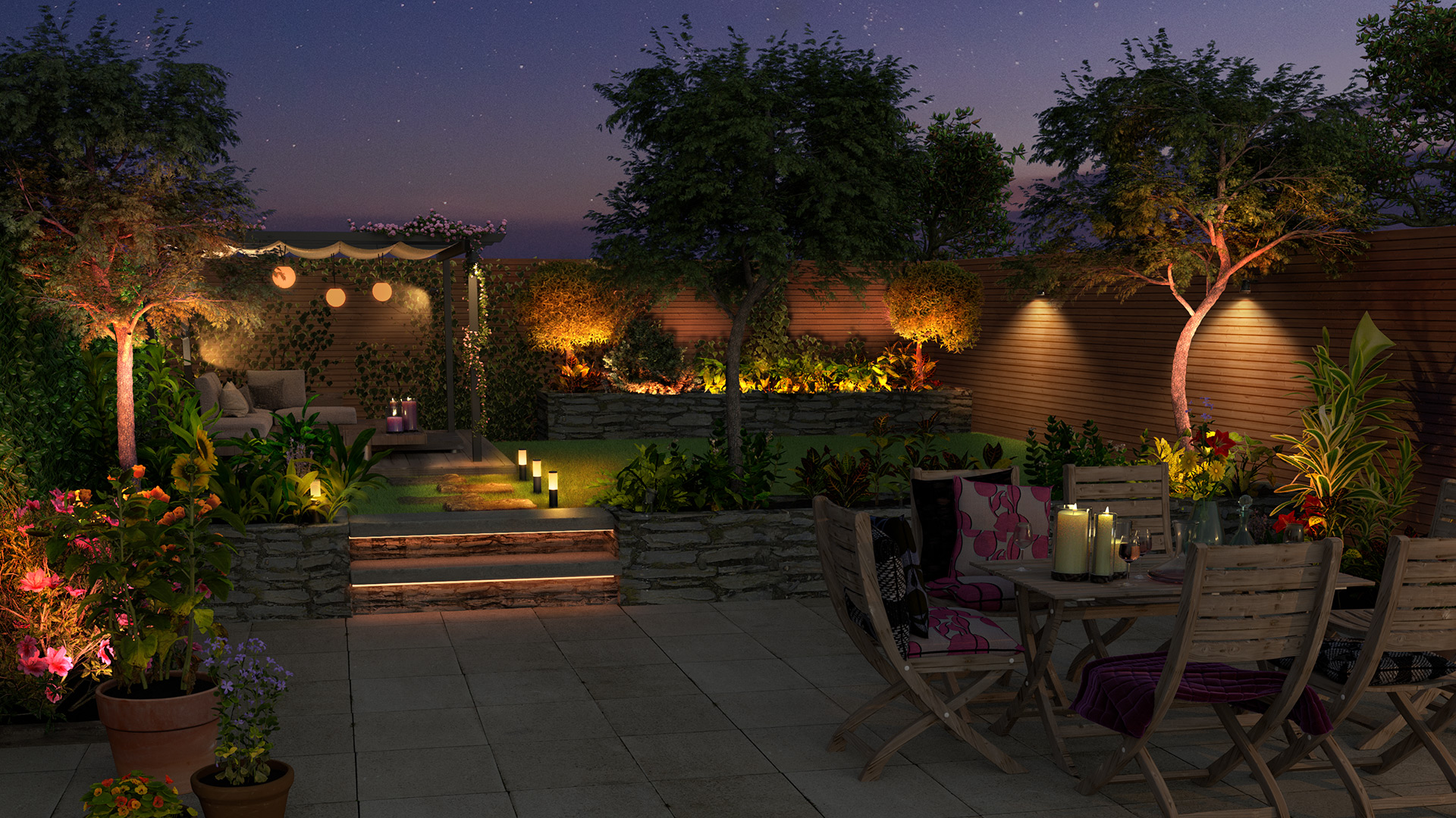 Outdoor smart lighting garden lounge setting